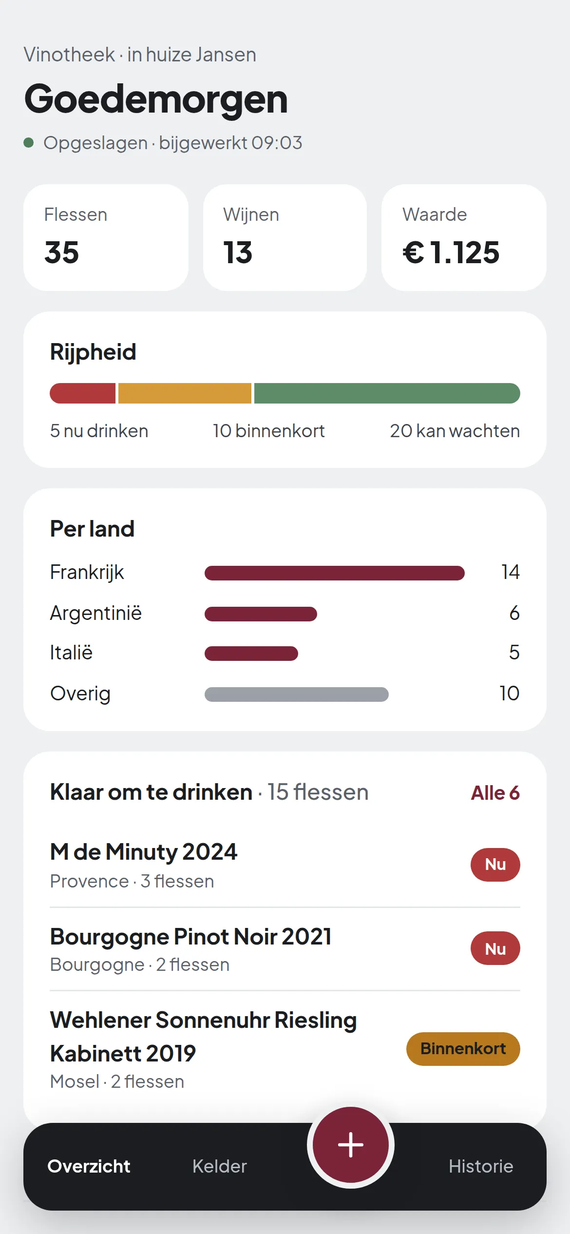 Het Overzicht in Vinotheek: aantal flessen, totale waarde, rijpheid en wijnen die klaar zijn om te drinken.