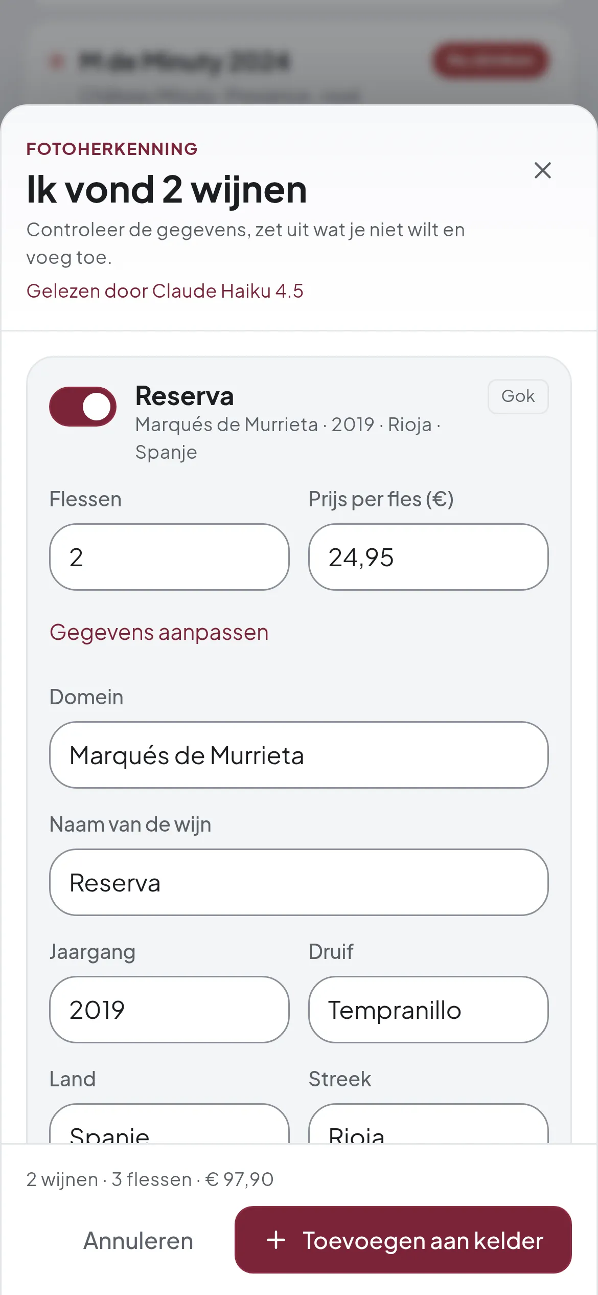 Het controlescherm na een fotoscan, met de herkende wijnen.